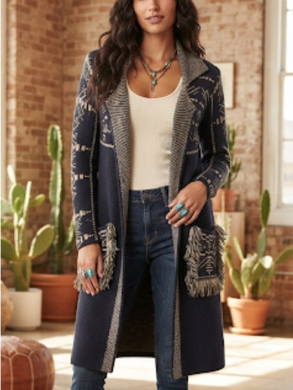 Cocogio Southwestern Fringe Cardigan Womens L Wool Blend Boho Duster Western